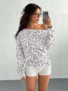 SHEIN EZwear Women's White Animal Print Sweatshirt,Casual Everyday Autumn Spring Shoulder-Baring Leopard Print Loose Fit Cinched Waist Minimalist Washed Top - Multicolor - View 5