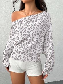 SHEIN EZwear Women's White Animal Print Sweatshirt,Casual Everyday Autumn Spring Shoulder-Baring Leopard Print Loose Fit Cinched Waist Minimalist Washed Top - Multicolor - View 6
