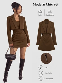 Sweetra Setelan Blazer & Gaun Tube Elegan Premium Musim Gugur/Dingin Terbaru - Coklat - View 3