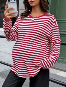 Lyckli Maternity Striped Round Neck Drop Shoulder Long Sleeve Casual T-Shirt Fall - Red - View 5