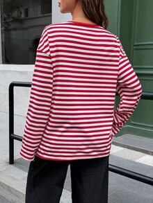 Lyckli Maternity Striped Round Neck Drop Shoulder Long Sleeve Casual T-Shirt Fall - Red - View 7