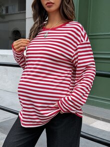 Lyckli Maternity Striped Round Neck Drop Shoulder Long Sleeve Casual T-Shirt Fall - Red - View 4