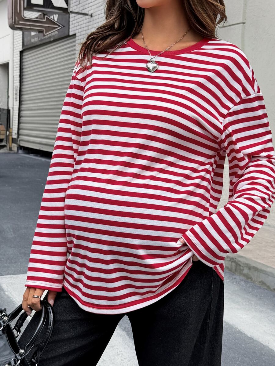 Lyckli Maternity Striped Round Neck Drop Shoulder Long Sleeve Casual T-Shirt Fall - Red - View 1