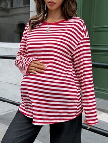 Lyckli Maternity Striped Round Neck Drop Shoulder Long Sleeve Casual T-Shirt Fall - Red - View 3