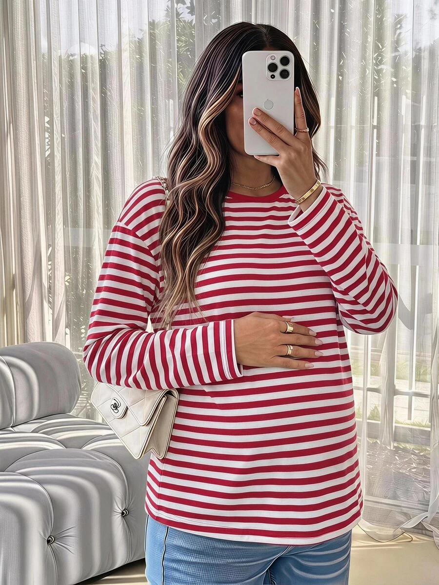 Lyckli Maternity Striped Round Neck Drop Shoulder Long Sleeve Casual T-Shirt Fall - Red - View 1