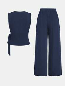 Selianne 2pcs Set Women Solid Color Side Tie Tank Top And Wide Leg Pants Suit - Navy Blue - View 2