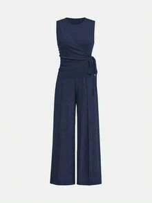Selianne 2pcs Set Women Solid Color Side Tie Tank Top And Wide Leg Pants Suit - Navy Blue - View 5