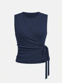 Selianne 2pcs Set Women Solid Color Side Tie Tank Top And Wide Leg Pants Suit - Navy Blue - View 3