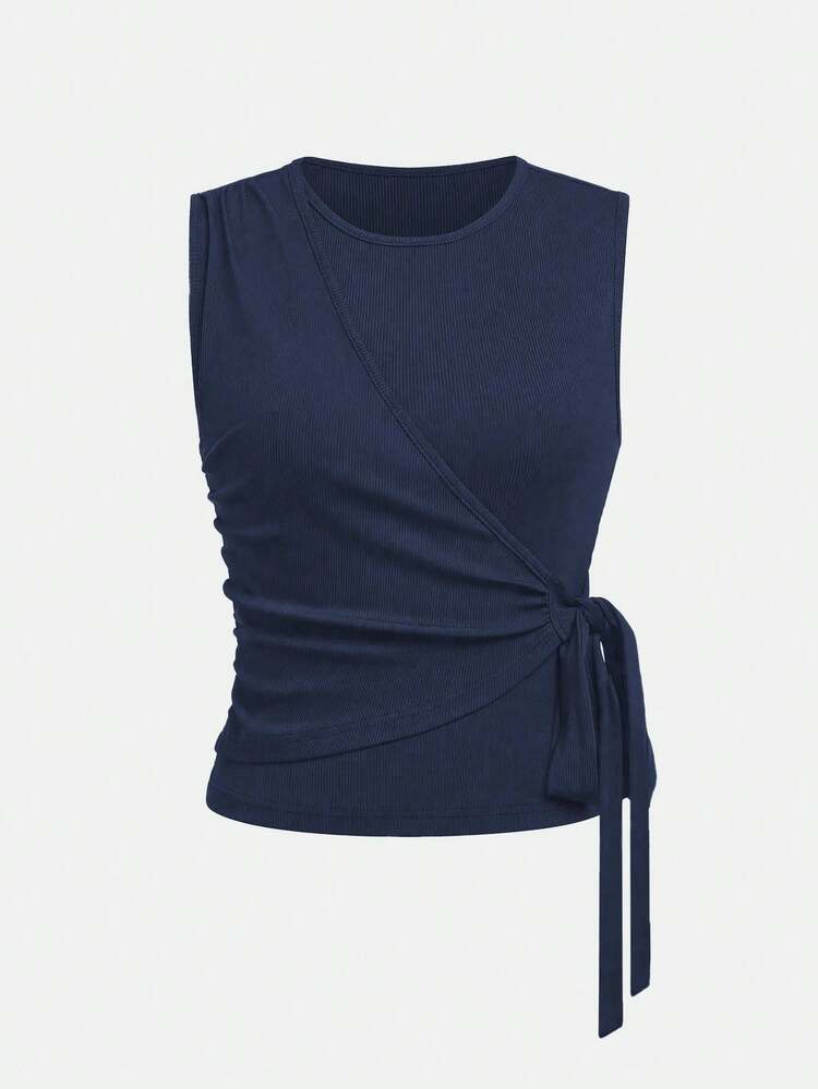 Selianne 2pcs Set Women Solid Color Side Tie Tank Top And Wide Leg Pants Suit - Navy Blue - View 3