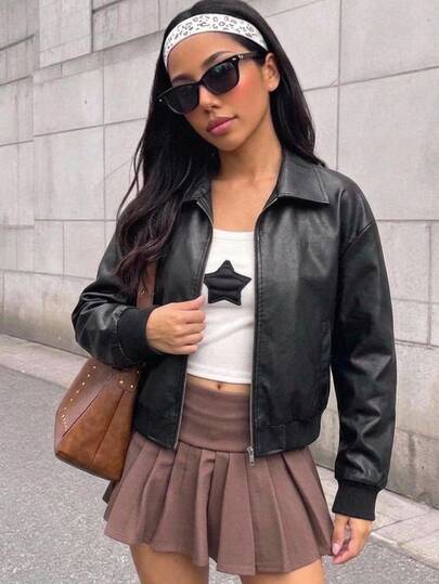 SHEIN Tween Girls Autumn/Winter Streetwear Kids Casual College Retro Black Leather Short Jacket