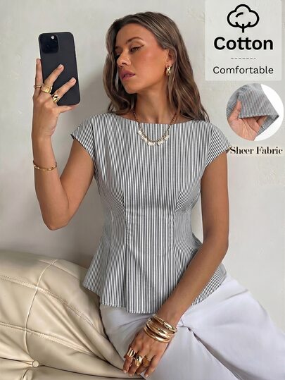 Aloruh Women's Puff Sleeve Pleated Waist Fashionable Blouse Teacher Outfits For Women Teacher Teacher Outfits Casual Women Business Casual Business Casual Women Teacher Shirts Simple And Elegant Slim Apricot Shirt For Office Commuting,Elegant Women's Blouses,Chic Blouses For Women,Cotton Blue White Striped Blouse,Cozy Blouse