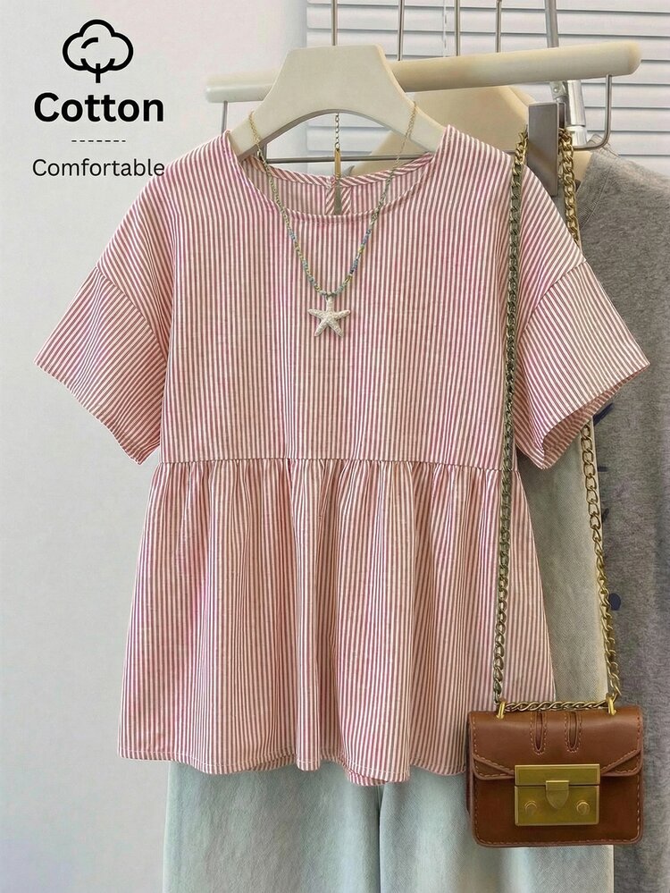 SHEIN EZwear Women's Casual Red And White Striped Round Neck Short Sleeve Woven Shirt, Summer,Summer Top - Red and White - View 11