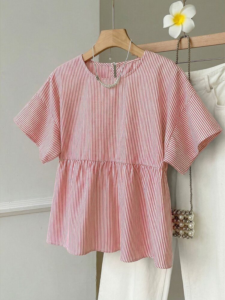 SHEIN EZwear Women's Casual Red And White Striped Round Neck Short Sleeve Woven Shirt, Summer,Summer Top - Red and White - View 3