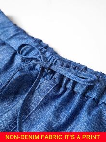 Linhara CURVE Plus Size Women's Soft Washed Denim Effect Lightweight Fabric Elastic Drawstring Draped Loose Wide Leg Pants Suitable For Daily Commute, Shopping, Travel, Home Leisure, Afternoon Tea Date, Short Trip, Casual Outing - Blue - View 4
