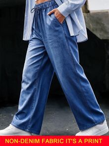 Linhara CURVE Plus Size Women's Soft Washed Denim Effect Lightweight Fabric Elastic Drawstring Draped Loose Wide Leg Pants Suitable For Daily Commute, Shopping, Travel, Home Leisure, Afternoon Tea Date, Short Trip, Casual Outing - Blue - View 3