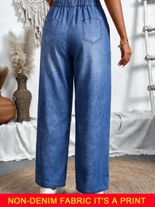 Linhara CURVE Plus Size Women's Soft Washed Denim Effect Lightweight Fabric Elastic Drawstring Draped Loose Wide Leg Pants Suitable For Daily Commute, Shopping, Travel, Home Leisure, Afternoon Tea Date, Short Trip, Casual Outing - Blue - View 8