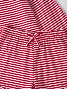 SHEIN 2 Pieces Tween Girl Fashion Striped Set, Short Sleeve Crew Neck Loose T-Shirt And Striped Knit Wide Leg Pants, Suitable For Party, Vacation, Campus Daily Casual Wear, Spring, Summer, Autumn - Red - View 5
