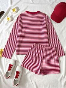 SHEIN 2 Pieces Tween Girl Fashion Striped Set, Short Sleeve Crew Neck Loose T-Shirt And Striped Knit Wide Leg Pants, Suitable For Party, Vacation, Campus Daily Casual Wear, Spring, Summer, Autumn - Red - View 2
