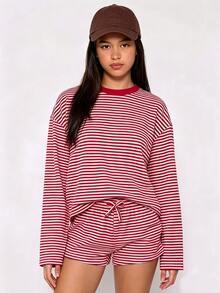 SHEIN 2 Pieces Tween Girl Fashion Striped Set, Short Sleeve Crew Neck Loose T-Shirt And Striped Knit Wide Leg Pants, Suitable For Party, Vacation, Campus Daily Casual Wear, Spring, Summer, Autumn - Red - View 1