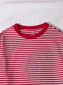 SHEIN 2 Pieces Tween Girl Fashion Striped Set, Short Sleeve Crew Neck Loose T-Shirt And Striped Knit Wide Leg Pants, Suitable For Party, Vacation, Campus Daily Casual Wear, Spring, Summer, Autumn - Red - View 4