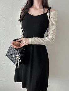 FRIFUL Women's Solid Color Casual French French Elegant Daily Date Brunch Summer Spaghetti Strap Dress Black Off-White - Black - View 9