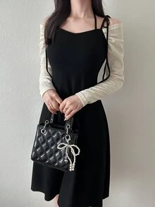 FRIFUL Women's Solid Color Casual French French Elegant Daily Date Brunch Summer Spaghetti Strap Dress Black Off-White - Black - View 4