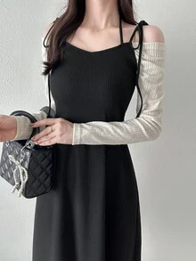 FRIFUL Women's Solid Color Casual French French Elegant Daily Date Brunch Summer Spaghetti Strap Dress Black Off-White - Black - View 7