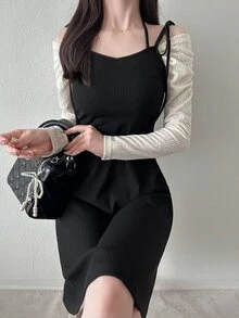 FRIFUL Women's Solid Color Casual French French Elegant Daily Date Brunch Summer Spaghetti Strap Dress Black Off-White - Black - View 6