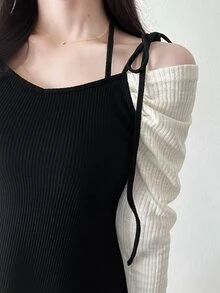 FRIFUL Women's Solid Color Casual French French Elegant Daily Date Brunch Summer Spaghetti Strap Dress Black Off-White - Black - View 5