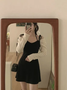 FRIFUL Women's Solid Color Casual French French Elegant Daily Date Brunch Summer Spaghetti Strap Dress Black Off-White - Black - View 2
