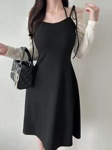 FRIFUL Women's Solid Color Casual French French Elegant Daily Date Brunch Summer Spaghetti Strap Dress Black Off-White - Black - View 8