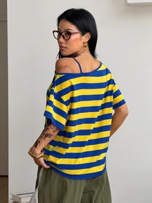 Coolane 女款夏季街頭風 Y2K 迪斯可休閒可愛基礎日常穿搭 圖案波點彈性藍黃配色 Bustier V 領無袖背心上衣 - 彩色 - 查看 6