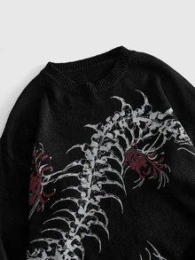 ROMWE MEN Men's Crew Neck Centipede Dark Knit Sweater Streetwear - Black - View 3