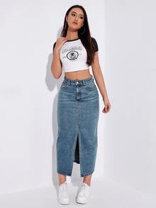 SHEIN ICON 纯色开衩至大腿斜插口袋休闲牛仔迷你裙 - 藍色 - 查看 5