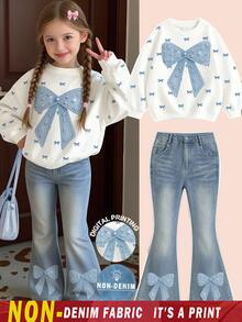SHEIN 1 Set Bow Pattern Sweatshirt Outfit, Suitable For 4-7 Years Old Girls In Autumn/Winter, Comfortable Cute Casual Everyday Style - Multicolor - View 1
