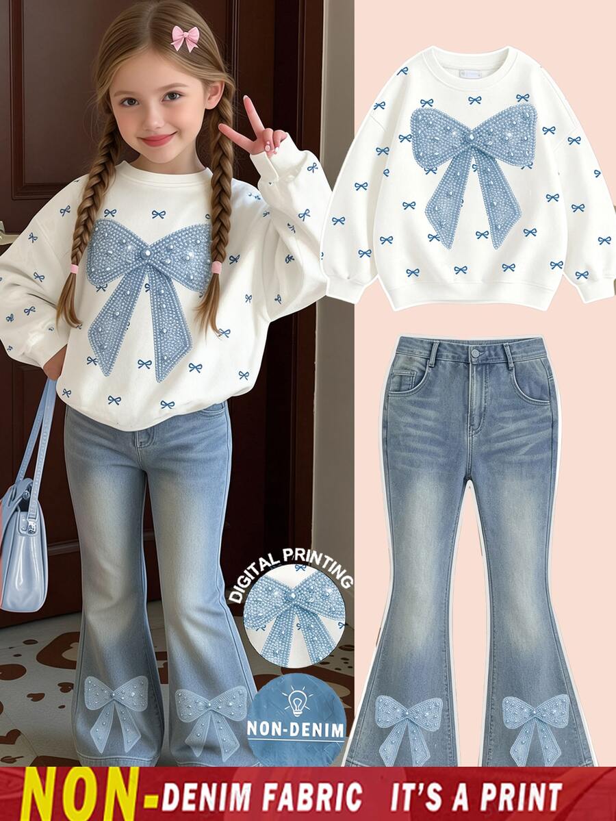 SHEIN 1 Set Bow Pattern Sweatshirt Outfit, Suitable For 4-7 Years Old Girls In Autumn/Winter, Comfortable Cute Casual Everyday Style - Multicolor - View 1