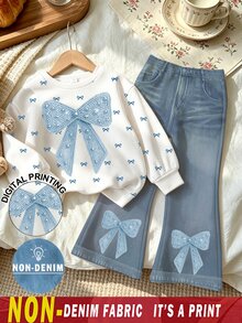 SHEIN 1 Set Bow Pattern Sweatshirt Outfit, Suitable For 4-7 Years Old Girls In Autumn/Winter, Comfortable Cute Casual Everyday Style - Multicolor - View 3