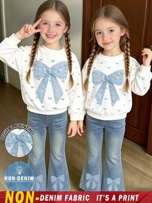 SHEIN 1 Set Bow Pattern Sweatshirt Outfit, Suitable For 4-7 Years Old Girls In Autumn/Winter, Comfortable Cute Casual Everyday Style - Multicolor - View 5