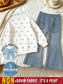 SHEIN 1 Set Bow Pattern Sweatshirt Outfit, Suitable For 4-7 Years Old Girls In Autumn/Winter, Comfortable Cute Casual Everyday Style - Multicolor - View 2