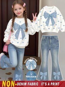 SHEIN 1 Set Bow Pattern Sweatshirt Outfit, Suitable For 4-7 Years Old Girls In Autumn/Winter, Comfortable Cute Casual Everyday Style - Multicolor - View 4