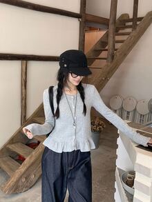 DAZY 女士休闲荷叶边圆领长袖T恤，韩版风格 - 咖啡棕 - 查看 4