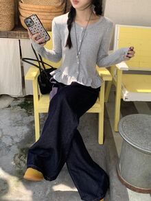 DAZY 女士休闲荷叶边圆领长袖T恤，韩版风格 - 咖啡棕 - 查看 2