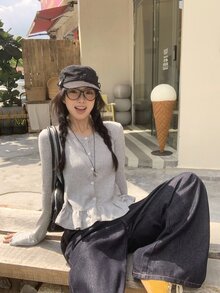 DAZY 女士休闲荷叶边圆领长袖T恤，韩版风格 - 咖啡棕 - 查看 15