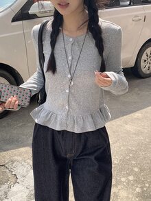 DAZY 女士休闲荷叶边圆领长袖T恤，韩版风格 - 咖啡棕 - 查看 6