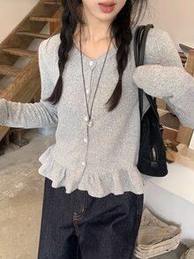 DAZY 女士休闲荷叶边圆领长袖T恤，韩版风格 - 咖啡棕 - 查看 7
