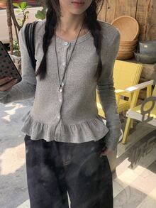 DAZY 女士休闲荷叶边圆领长袖T恤，韩版风格 - 咖啡棕 - 查看 8