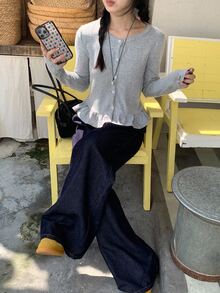 DAZY 女士休闲荷叶边圆领长袖T恤，韩版风格 - 咖啡棕 - 查看 10
