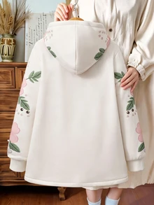 女童白色連帽寬鬆中長版開襟外套，蝴蝶花卉珍珠印花，溫柔中式風格百搭外套，適合日常出遊與冬季通勤 - 白色 - 查看 2