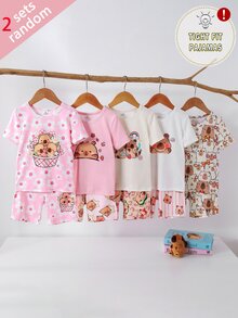 5套女童紧身夏季睡衣套装，随机2套；儿童可爱水豚主题印花短袖短裤家居服；舒适柔软卡通水豚印花女婴睡衣套装；儿童甜美风格睡衣 - 彩色 - 查看 1