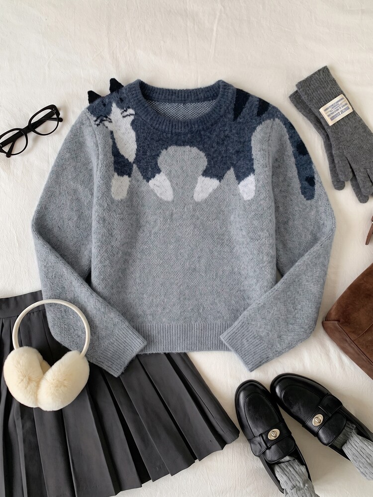 Comfortcana Women's Cute Korean Style Cat Jacquard Long Sleeve Sweater - Grey - View 3